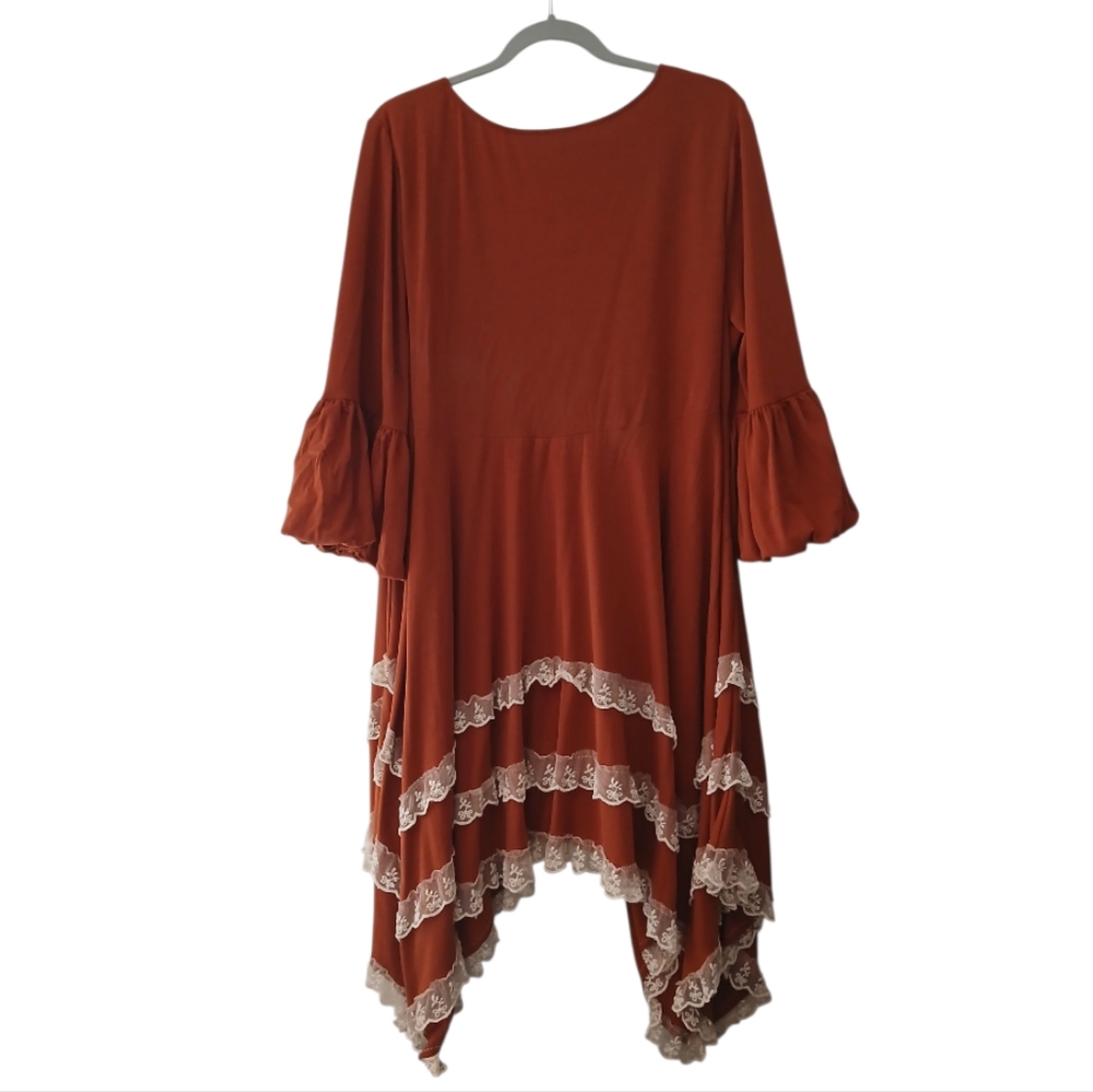 Chic Asymmetrical Rust Dress with Lace Accents - Picture 3 of 5
